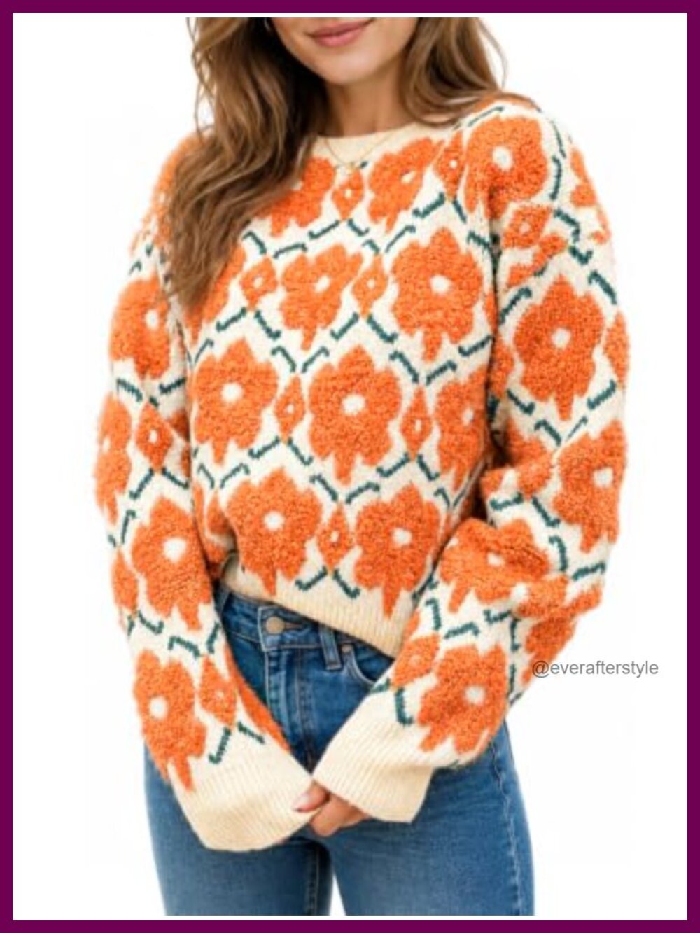 Womens Oversized Chunky Knit 3D Floral Crewneck Pullover Sweater Fall Winter